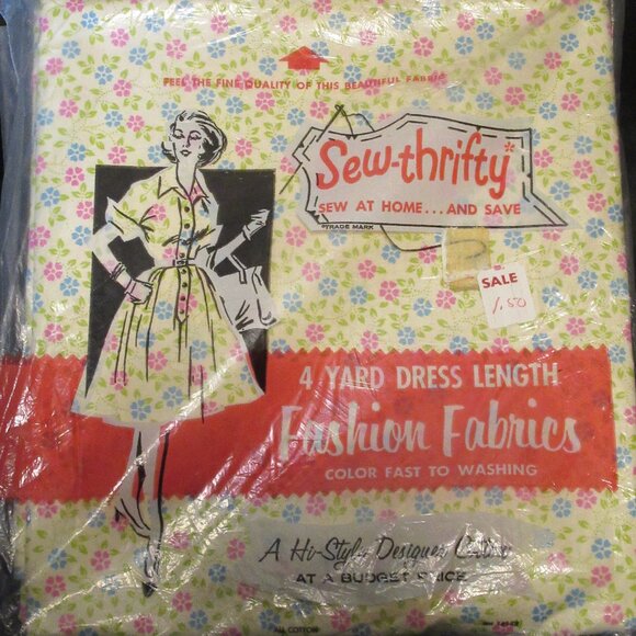 Vintage Retro Sew Thrifty New Pink Blue Flower Cotton Fabric (4 Yards)